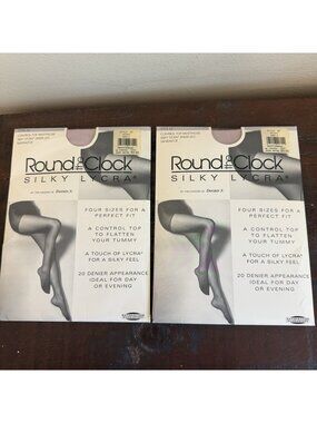 Round the Clock Silky Lycra Control Top Pantyhose Lot of 2 Peony Size D NOS
